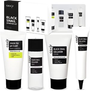 [coxir] BLACK SNAIL COLLAGEN STARTER KIT [3.19 fl.oz (Pack of 1)] FOAM CLEANSER+TONER+SERUM+CREAM | Black-3-Complex: Black Rice, Bean, Sesame, Snail Mucin, Collagen l Repairing&Firming