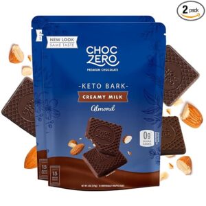 ChocZero Milk Chocolate Almond Keto Bark, No Added Sugar, Low Carb, No Sugar Alcohols, Non-GMO (6oz per bag, 2 bags)