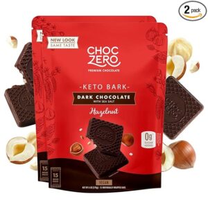 ChocZero's Keto Bark, Dark Chocolate Hazelnut with Sea Salt. Sugar Free, Low Carb. No Sugar Alcohols, No Artificial Sweeteners, All Natural, Non-GMO (2 bags, 15 servings/each)