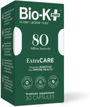 Bio-K + Extra Care Probiotic Supplement Capsules for Adult Men and Women, 80 Billion Active Bacteria, Promotes Immune System Health - Vegan & Gluten-Free Delayed Release, 20 Capules/Box